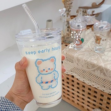 網紅可愛吸管水杯女ins 簡約家用喝水杯子清新少女森系玻璃杯帶蓋