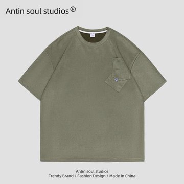 美式麂皮絨短袖T恤男2023夏季新款口袋裝飾打底衫男裝情侶裝上衣