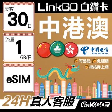 LINKGO白鑽卡 中港澳 eSIM卡 30天上網卡 每日1GB 無速流量 免翻牆可熱點(中港澳網卡 中國 大陸 香港 澳門 虛擬卡)