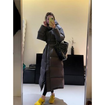 加厚保暖過膝深灰連帽時尚顯瘦中長款面包羽絨棉服女2025冬季新款