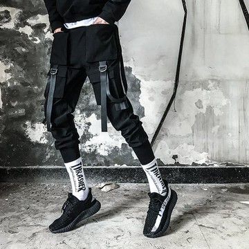 FINDSENSE品牌 2019春季 新款 韓國 髮型師 織帶 修身 純色 休閒長褲  束腳 小腳休閒褲 潮男褲子