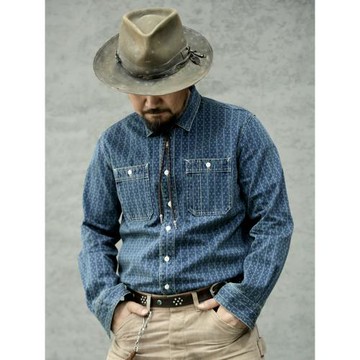 西里布藍染工裝襯衫男 經典美式復古提花 阿美咔嘰休閑水洗 非rrl