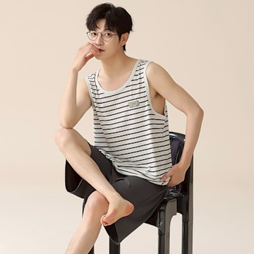 【藍尼居家】現+預 冰絲螺紋背心居家套裝(男睡衣/家居服/兩件式睡衣)