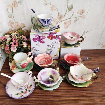 歐式田園風純手繪陶瓷咖啡杯碟下午茶杯盤英式紅茶杯花朵蝴蝶杯