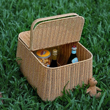 戶外野餐籃出游手提收納筐 仿藤編織帶蓋菜籃子大容量提籃北歐風