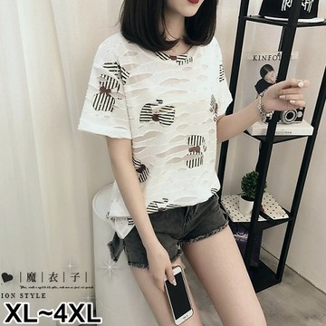 【QV2354】魔衣子-破洞鏤空圓領短袖上衣