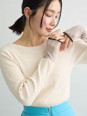 袖口透明羅紋拼接素面針織上衣(06000067700) - Green Parks
