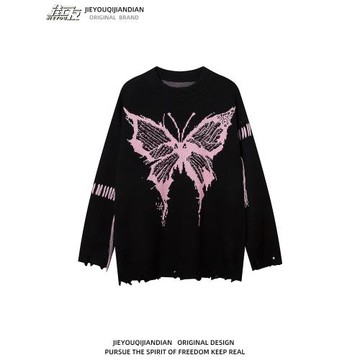 破壞毛線衣高街蝴蝶提花破洞圓領毛衣慵懶oversize情侶潮牌針織衫