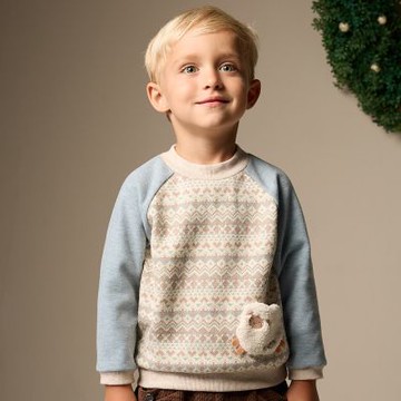 PIPPY 可愛小綿羊繡花剪接圓領長袖上衣 藍綠-100