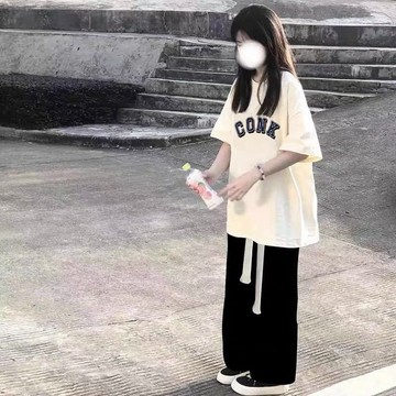 【夏季短袖套裝】女學生 T恤 韓版寬鬆 休閒直筒褲 時尚兩件套 潮 夏季女裝套裝 套裝女韓系 寬鬆套裝 直筒褲 短袖