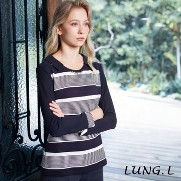 LUNG.L林佳樺 藍白質感大條紋長版長袖女裝上衣 LT97A
