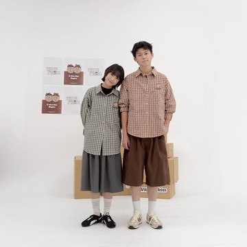 QUEENSHOP_F 聯名 長袖 中分哥 立體刺繡配色格紋襯衫 兩色售 現+預 【01025697】