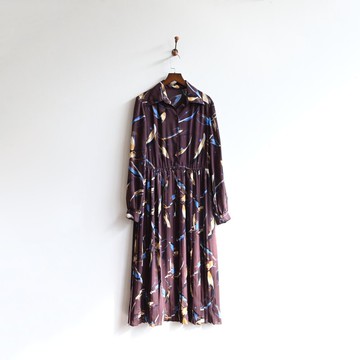 【蛋植物古著】繪彩羽根印花百褶古著洋裝