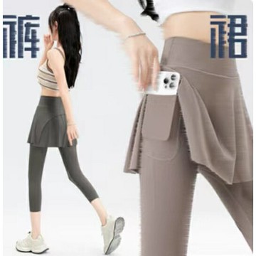 新款夏季薄款 褲裙 裙褲 涼涼褲 涼感褲 褲女 假兩件 內搭褲 打底褲 訓練跑步防走光寬鬆高腰顯瘦瑜伽七分褲裙