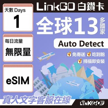 LINKGO白鑽卡 全球13國 eSIM卡 1天上網卡 無限流量吃到飽不降速(全球網卡 亞太區 紐西蘭 澳洲 通行無限)