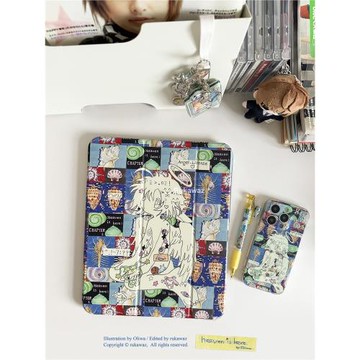 RUKAWAZxoliwa奧莉蛙聯名原創顏文字天堂動漫滑軌亞克力可抽拉拆卸防摔帶筆槽適用蘋果平板iPad pro保護殼