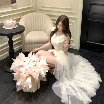 實拍 兩穿式蕾絲連衣裙 網紗裙可拆 杏色洋裝 短袖洋裝 生日洋裝 仙女裙 包臀裙 短裙 長洋 婚禮洋裝 名媛女裝 連身裙