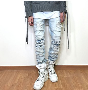 FINDSENSE品牌 歐美 潮男 個性 破壞割爛侃爺直筒寬鬆 掉檔乞丐褲 牛仔褲