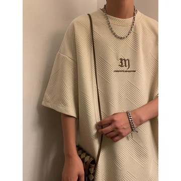 美式復古t恤男字母刺繡提花上衣夏季潮牌寬松半袖體恤華夫格短袖