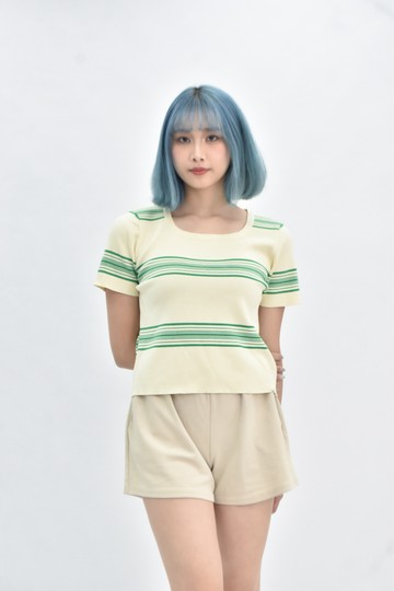 (S) zan zan 韓牌針織條紋綠色短袖上衣