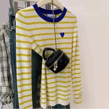 衣時尚 針織上衣 針織衫上衣毛衣 內搭 新款撞色條紋修身內搭打底衫長袖chic韓繫上衣-6966.