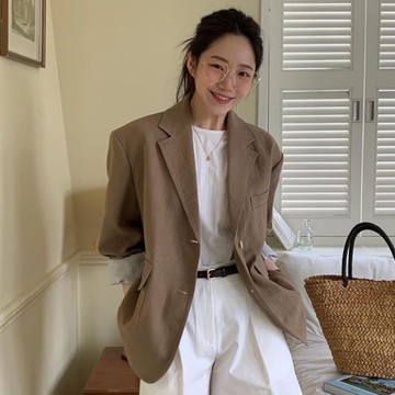 韓國chic夏季復古氣質翻領單排扣寬松休閑長袖薄款棉麻西裝外套女