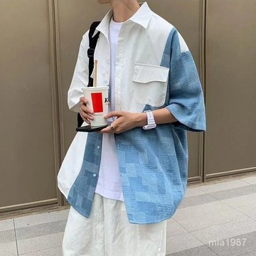 拚接襯衫五分袖男短袖ins港風上衣潮流百搭夏季新款半袖痞帥外套 21VT