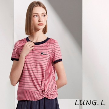 LUNG.L林佳樺 粉色條紋拼接下擺扭結短袖棉質女裝上衣LR60A