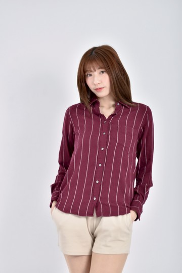 (S) uniqlo質感棉質純棉條紋長袖紫紅色襯衫上衣