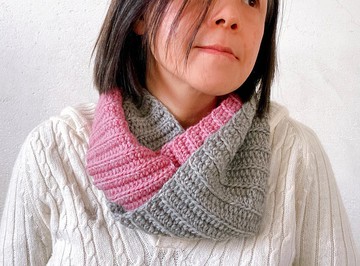 保暖脖圍 手鉤拼色圍巾-莫藍迪粉+灰