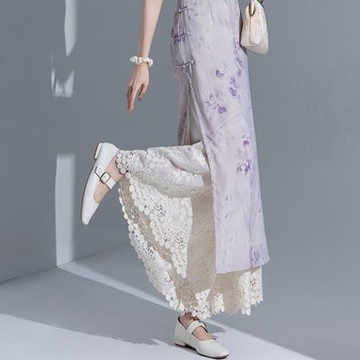 復古疊穿旗袍打底闊腿褲裙水溶蕾絲刺繡闊腿褲薄款親膚九分襯褲女