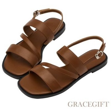 【Grace Gift】韓系簡約方頭寬帶平底涼鞋 棕