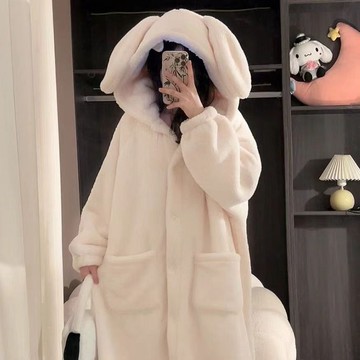 Xuan♥睡衣女冬季兔耳朵連帽珊瑚絨高級感加厚保暖法蘭絨睡袍家居服