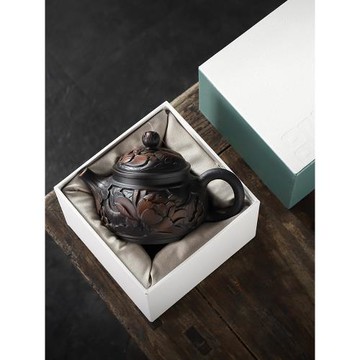 康樂品紫陶浮雕蓮花壺純手工泡茶喝單壺家用高端功夫茶具復古茶壺