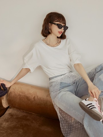 圓領拼接泡泡五分袖上衣