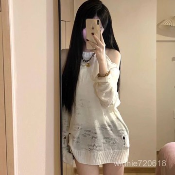 【限時特賣】春夏季短袖 修身辣妹短袖 寬鬆短袖[]夏季新款露肩破洞白色鏤空針織罩衫2024下半身失蹤寬鬆百搭防曬