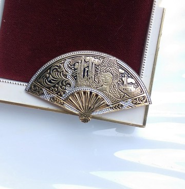 Vintage Jewelry  Japan Damascene 扇形 古典 景圖 別針 胸針