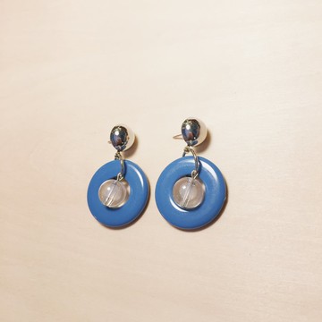 復古藍扁圈圈夾心透明球球耳環