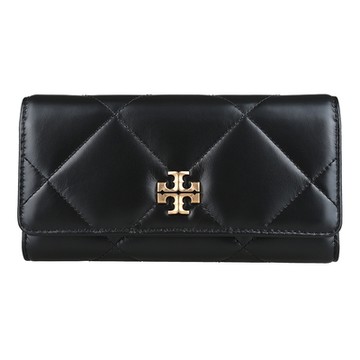 TORY BURCH Kira雙T LOGO菱格絎縫皮革翻蓋磁吸扣式長夾(黑)