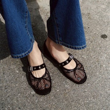 韓國 KHIHO 網眼釦帶芭蕾舞鞋 黑 - 黑 22.5（EU 35.5）