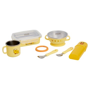 KiKimmy LINE FRIENDS 兒童餐具套裝  不銹鋼密封方形餐盒 + 不銹鋼雙耳隔熱碗 + 不銹鋼杯 + 不銹鋼湯匙 + 不銹鋼叉子 + 餐具收納組  莎莉與她的朋友 黃色  1組