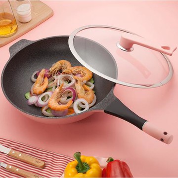 韓國粉色麥飯石不粘鍋炒鍋無涂層無油煙炒菜鍋具電磁爐煤氣兩用
