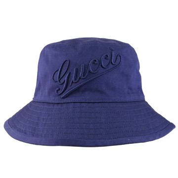 GUCCI 792789 簡約草寫電繡LOGO棉質漁夫帽.深藍