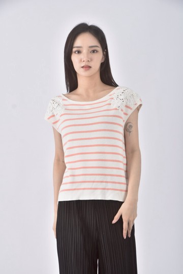 (S) 質感條紋粉色短袖上衣