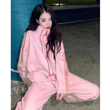 2025春裝新款粉色衛衣套裝女時尚潮牌炸街開衫外套休閑衛褲兩件套
