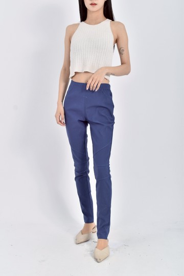 (M) 質感內色腰封豹紋設計感鬆緊腰藍色長褲