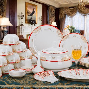 中國紅色維多利亞骨瓷餐具景德鎮陶瓷盤碗碟筷結婚喜慶喬遷禮品