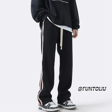 冰絲休閑褲男款夏季直筒寬松高級感側邊條紋褲子高街垂感運動長褲