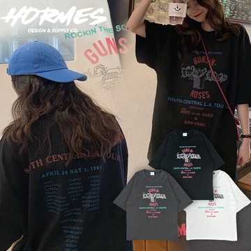 [HORMES](00218)槍與玫瑰 仿舊 圖案 搖滾 樂團 英文 寬鬆 百搭 短踢 短Tee