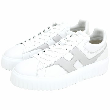 HOGAN H-Stripes 撞色H標誌縫線納帕皮灰尾繫帶厚底餅乾鞋(男鞋/白色)